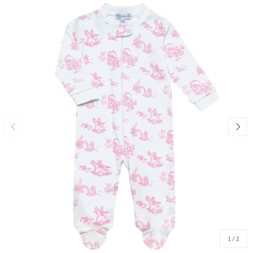 Nellapima Pink Toile Zip Footie – Size 0–3M